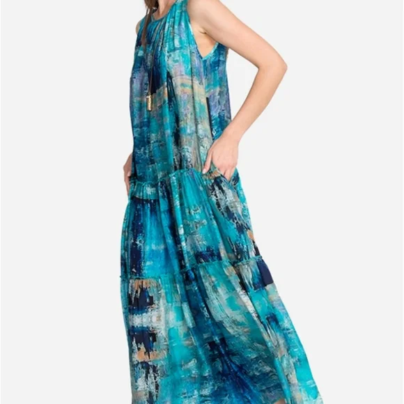 Johnny Was Mint Silk Tiered Maxi Dress sz sm - Picture 3 of 7